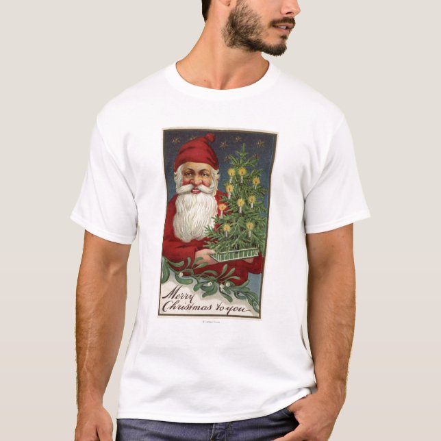 Santa Holding a Candlelit Tree T-Shirt (Front)