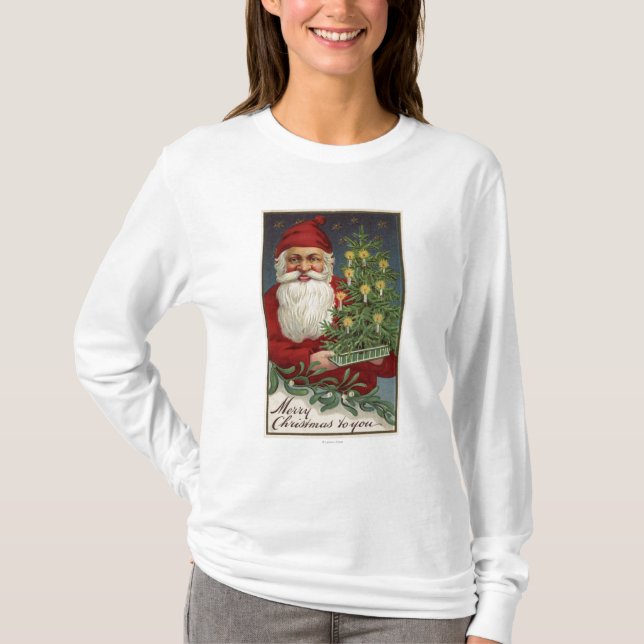 Santa Holding a Candlelit Tree T-Shirt (Front)