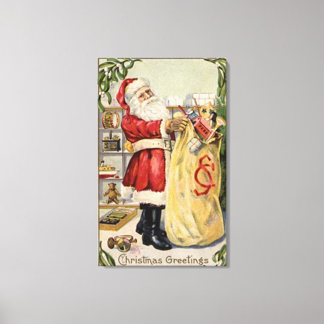 Santa Holding an Overflowing Bag of Toys Canvas Print (Front)