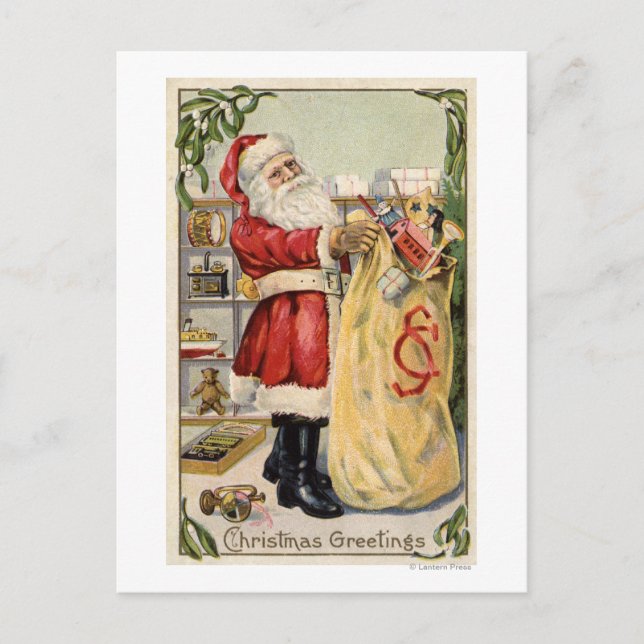 Santa Holding an Overflowing Bag of Toys Holiday Postcard (Front)