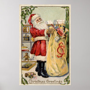 Santa Holding an Overflowing Bag of Toys Poster
