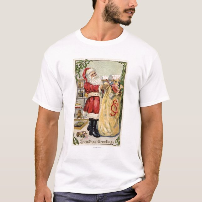 Santa Holding an Overflowing Bag of Toys T-Shirt (Front)