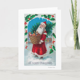Santa Holding Basket of Toys Scene Holiday Card