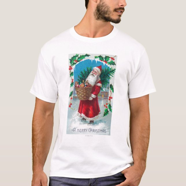 Santa Holding Basket of Toys Scene T-Shirt (Front)