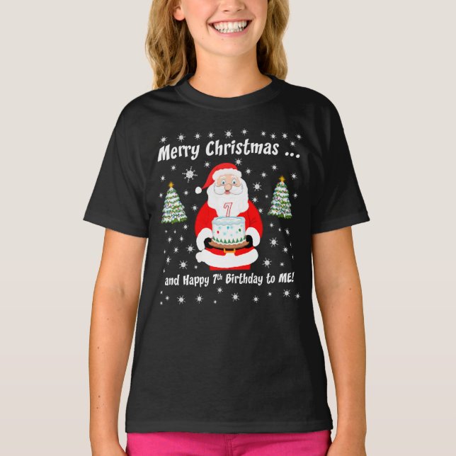 Santa Holding Birthday Cake Merry Christmas 7th T-Shirt (Front)