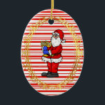 Santa Holding Menorah Chrismukkah Ornament<br><div class="desc">This is a traditional Christmas festive look with candy cane stripes and red.  The front features Santa holding a Menorah.  The back can be personalised as you wish.  Designed by Sheila Cicchi,  Brownielocks.com. All Rights Reserved.</div>