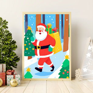 Santa Holding Presents Wall Art Drawing Poster