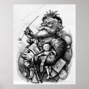 Santa holding toys black and white poster