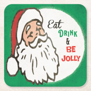 Santa Holiday Cocktail Party Retro Green Red Square Paper Coaster
