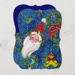 SANTA,HOLLYBERRIES,CROWNS,CHRISTMAS PARTY Red Blue Invitation