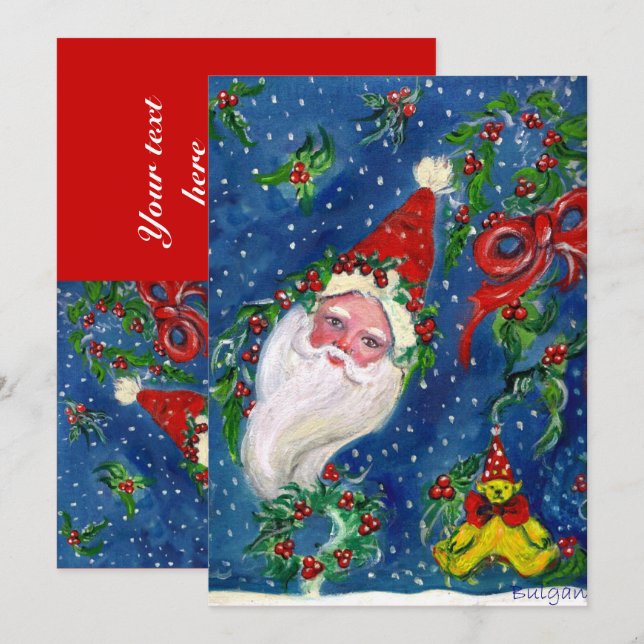 SANTA,HOLLYBERRY CROWNS,CHRISTMAS PARTY Red Blue Invitation (Front/Back)