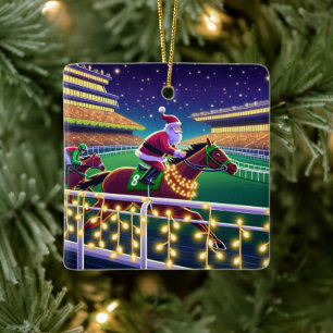 Santa Horse Racing Jockey Christmas Ceramic Ornament
