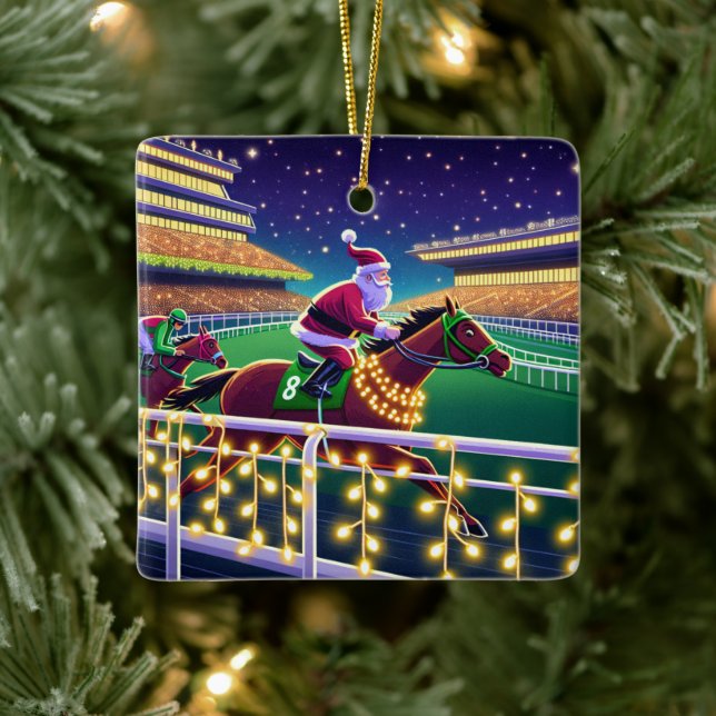 Santa Horse Racing Jockey Christmas Ceramic Ornament (Tree)