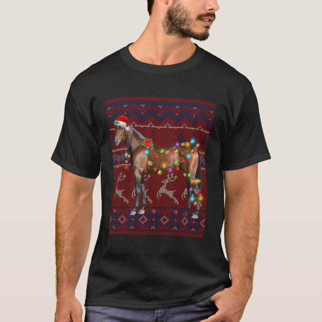 Santa Horse Tree Lights Ugly Pajama T-Shirt (Front)