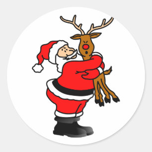 Santa Hugging Reindeer Classic Round Sticker