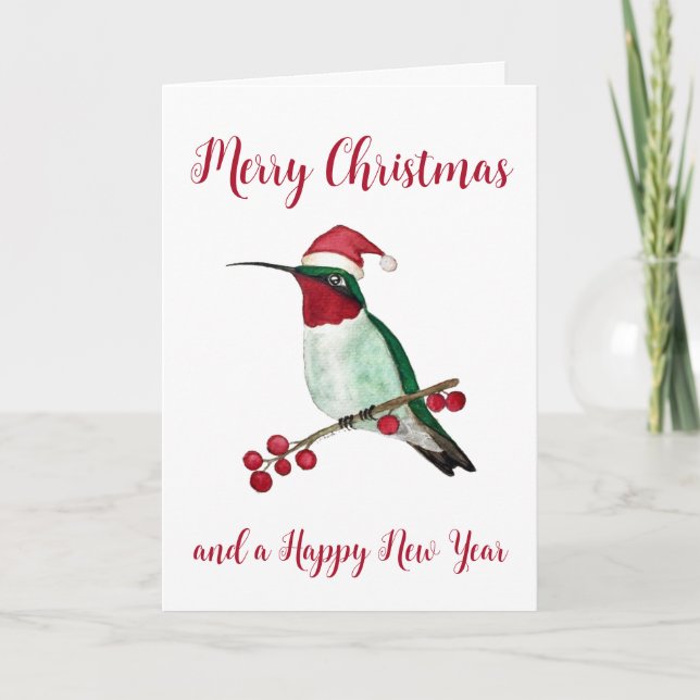 Santa Hummingbird Merry Christmas Card (Front)
