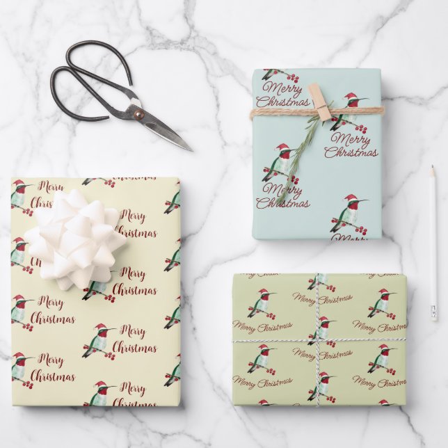 Santa Hummingbird Merry Christmas Wrapping Paper Sheet (Front)