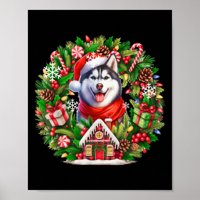 Santa Husky Christmas Floral Circle Matching Owner Poster (Front)