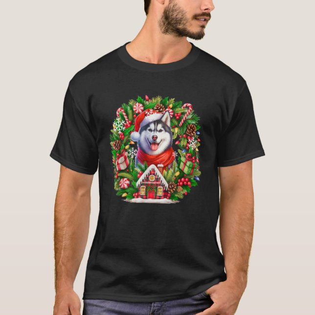 Santa Husky Christmas Floral Circle Matching Owner T-Shirt (Front)