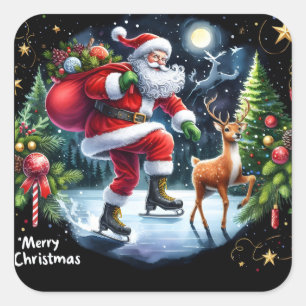 Santa Ice Skates With Reindeer at Night Square Sticker