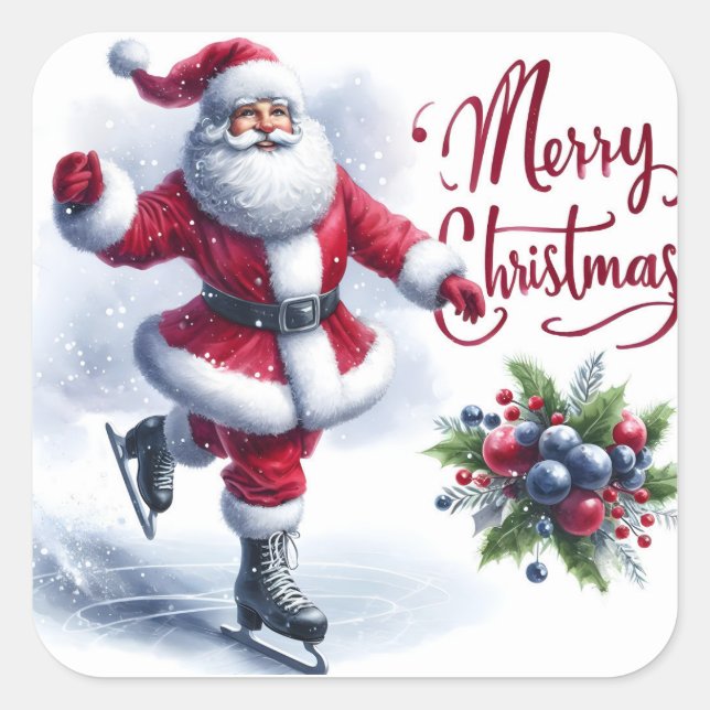 Santa Ice Skating at Winter Fest Square Sticker (Front)