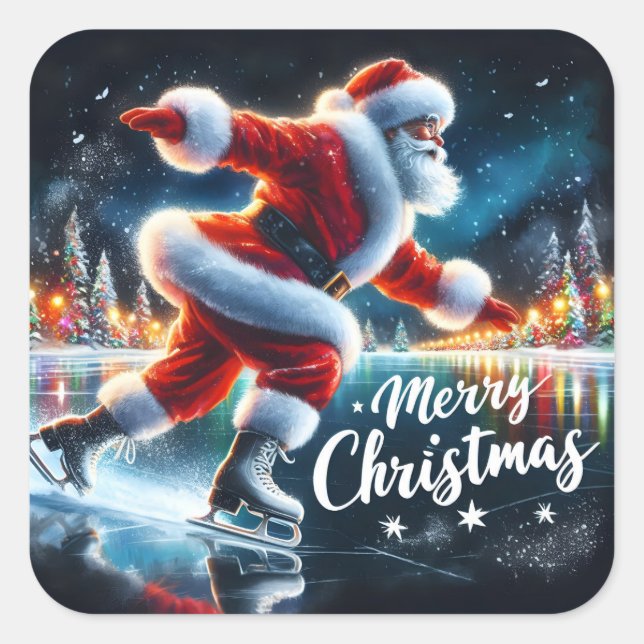 Santa Ice Skating Holiday Cheer Square Sticker (Front)