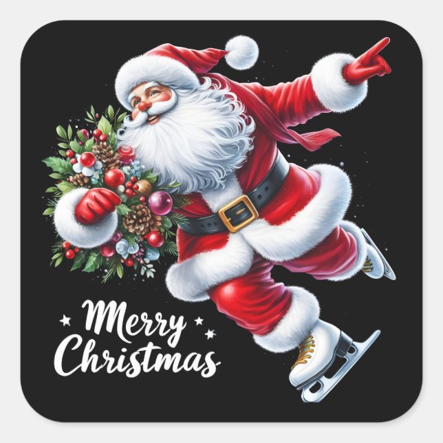 Santa Ice Skating Joyfully at Christmas Square Sticker (Front)