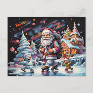 Santa ice skating Psychedelic colours Postcard