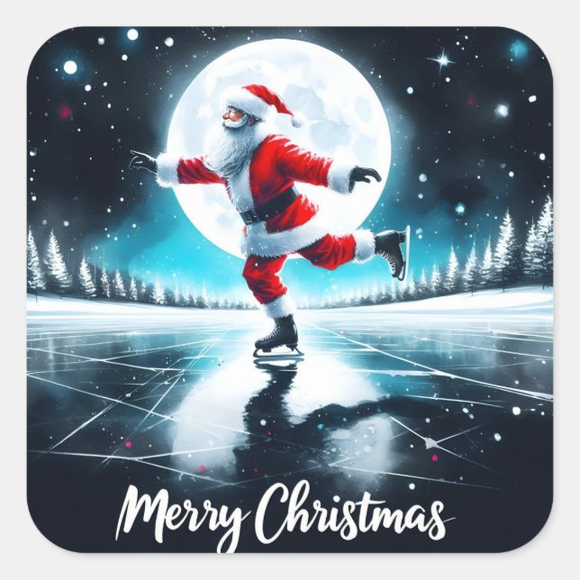 Santa Ice Skating Under the Moon Square Sticker (Front)