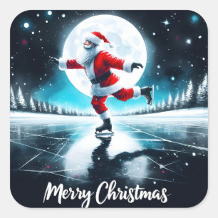 Santa Ice Skating Under the Moon Square Sticker