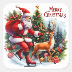 Santa Ice Skating With a Reindeer Square Sticker