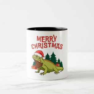 Santa Iguana Christmas Gifts Evergreen Trees Two-Tone Coffee Mug