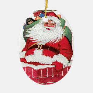 Santa in a Chimney Vintage Illustration Ceramic Tree Decoration