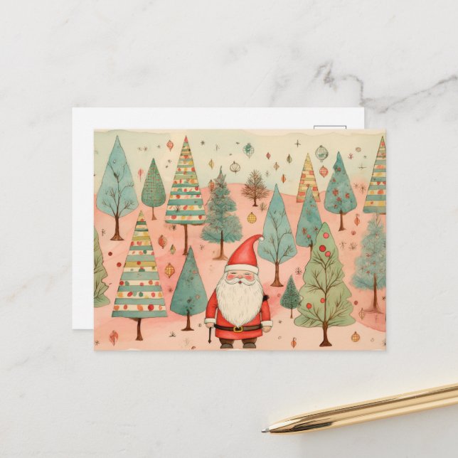 Santa in a Christmas Tree Forest Postcard (Front/Back In Situ)