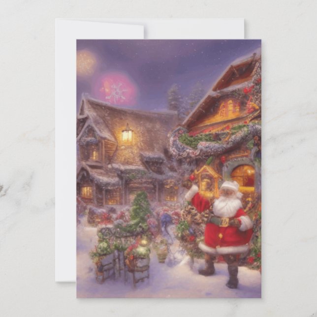 Santa In A Christmas Village Fantasy Landscape Holiday Card (Front)