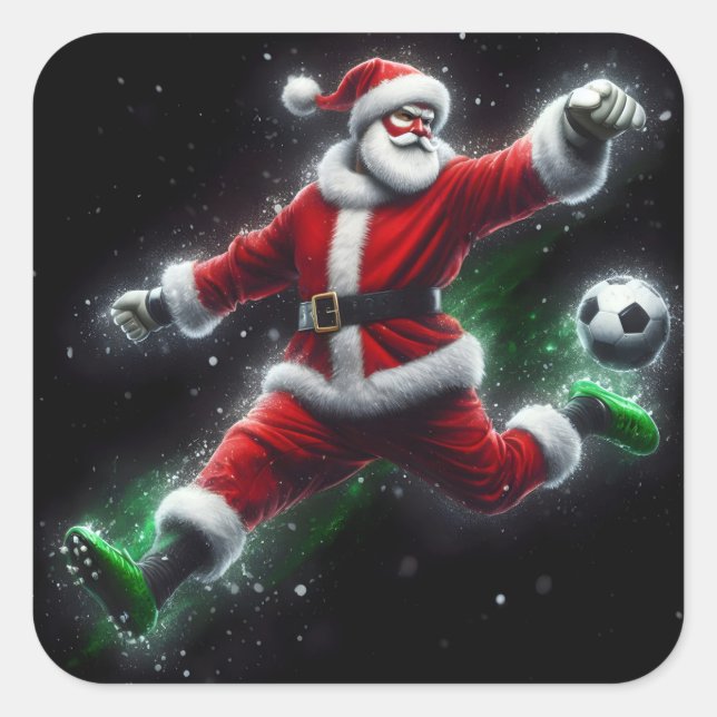 Santa in a Red Suit Kicks a Soccer Ball in Style Square Sticker (Front)