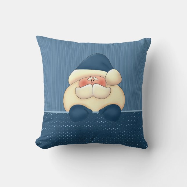Santa in Blue and Winter White Christmas Cushion (Front)