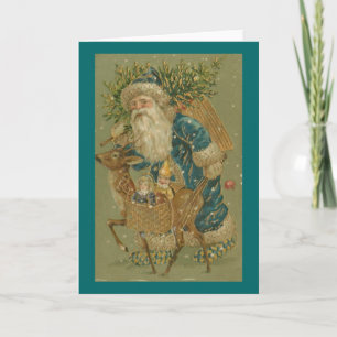 Santa in Blue with Reindeer Christmas Card