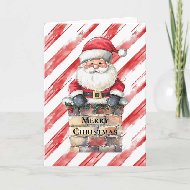 Santa in Chimney Red Stripes Christmas Card (Front)