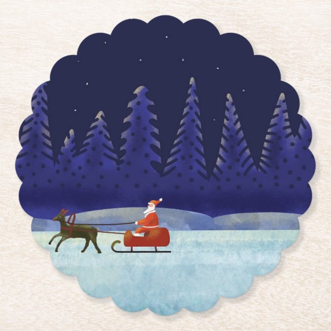 Santa in Christmas Night Paper Coaster (Front)
