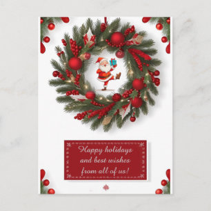 🎅 Santa in Christmas Wreath Festive Greenery Red  Holiday Postcard