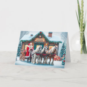 Santa in front of Workshop with Horses Christmas Holiday Card