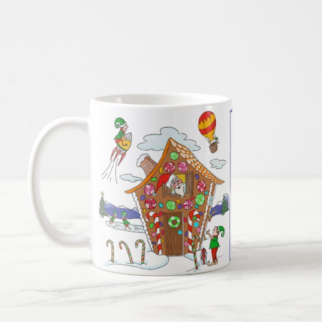 Santa in Gingerbread House with Elves Colourful Coffee Mug (Left)
