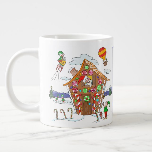 Santa in Gingerbread House with Elves Colourful Large Coffee Mug (Left)