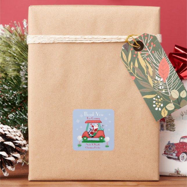 Santa In Golf Cart Christmas Party Thank You Square Sticker (Holiday)