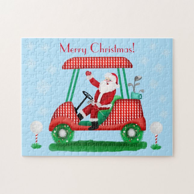 SANTA IN GOLF CART CHRISTMAS WITH SNOWFLAKES  JIGSAW PUZZLE (Horizontal)