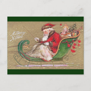 Santa in Green Sleigh With Toys Holiday Postcard