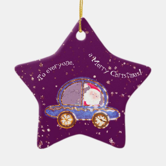 Santa in his car at Christmas Ceramic Tree Decoration (Front)