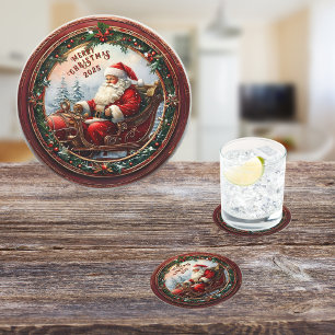 Santa in His Sleigh Round Paper Coaster