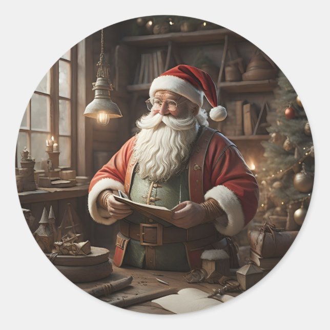 Santa In His Workshop Christmas Elf Classic Round Sticker (Front)